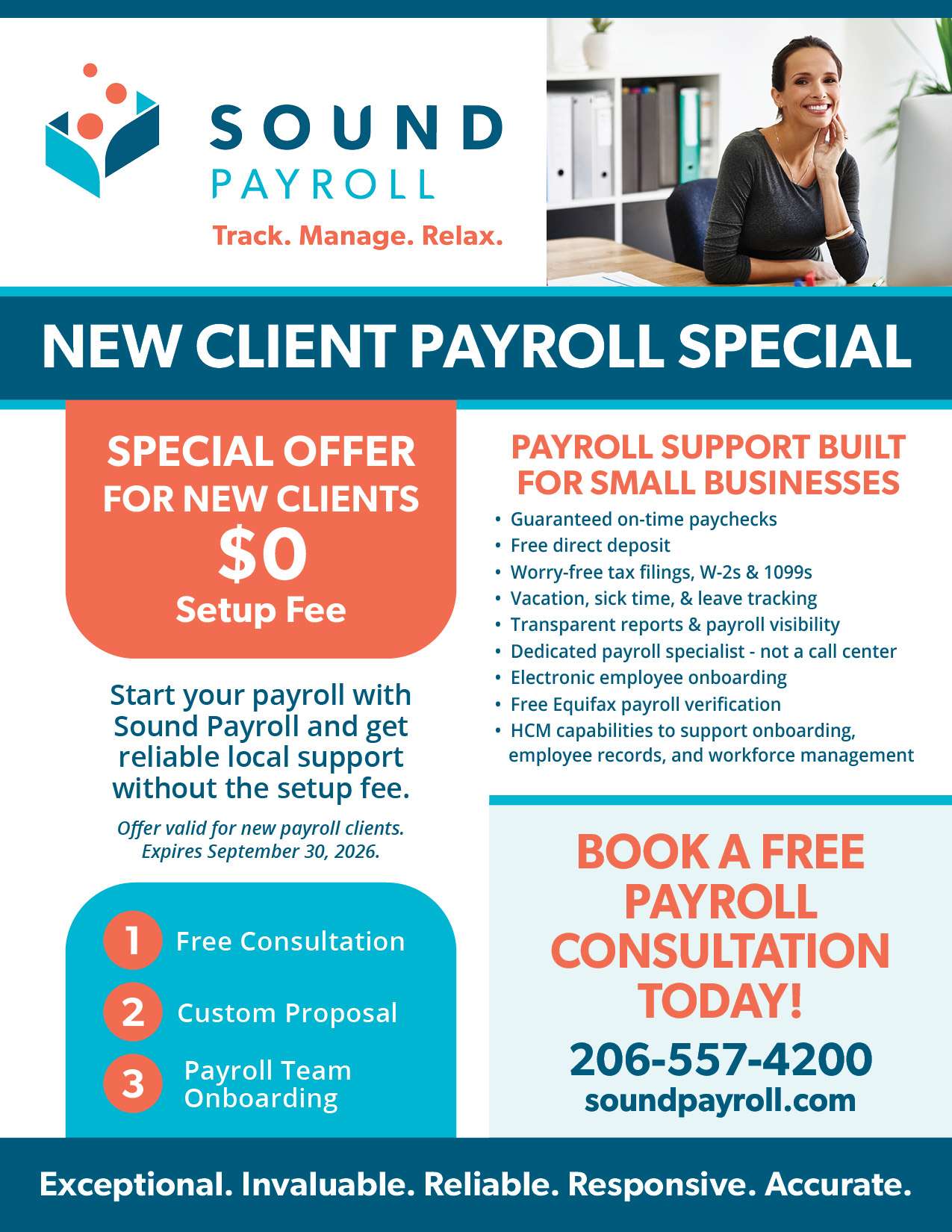 Sound Payroll New Client Special - Summer 2026 - Infographic. See the post for full text
